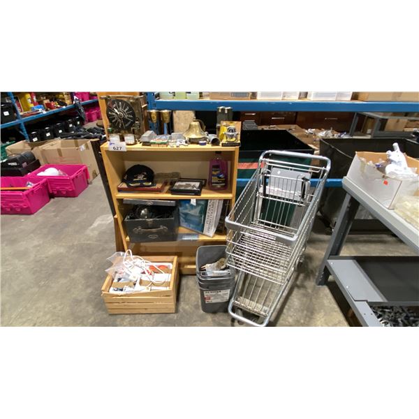 SMALL WOODEN BOOKSHELF WITH ASSORTED MARINE ITEMS, SMALL SHOPPING CART, BUCKET OF VINTAGE MARINE