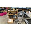 Image 1 : SMALL WOODEN BOOKSHELF WITH ASSORTED MARINE ITEMS, SMALL SHOPPING CART, BUCKET OF VINTAGE MARINE