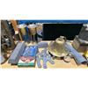 Image 3 : SMALL WOODEN BOOKSHELF WITH ASSORTED MARINE ITEMS, SMALL SHOPPING CART, BUCKET OF VINTAGE MARINE