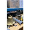 Image 5 : SMALL WOODEN BOOKSHELF WITH ASSORTED MARINE ITEMS, SMALL SHOPPING CART, BUCKET OF VINTAGE MARINE