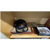 Image 7 : SMALL WOODEN BOOKSHELF WITH ASSORTED MARINE ITEMS, SMALL SHOPPING CART, BUCKET OF VINTAGE MARINE