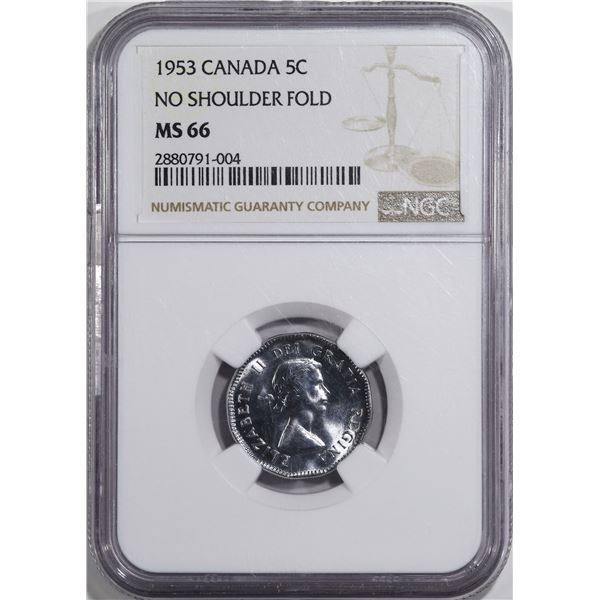 1953 Canada 5¢ NGC MS-66 No Shoulder Fold (NSF FL)