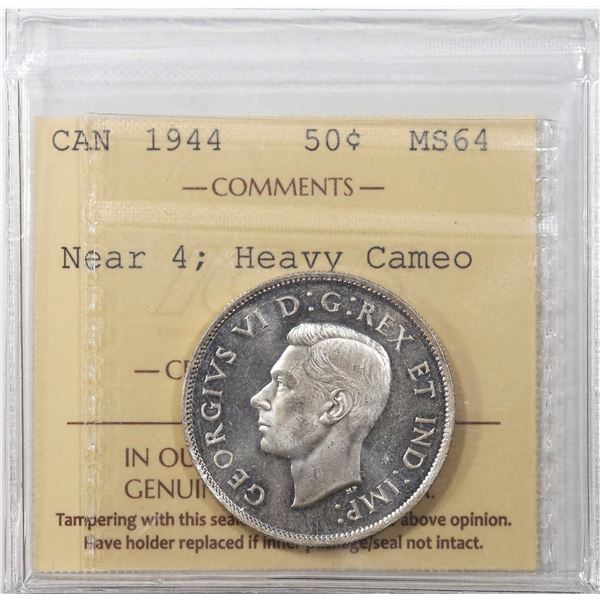 1944 Canada 50¢ ICCS MS-64 Near 4; Heavy Cameo
