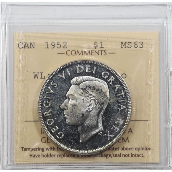 1952 Canada $1 ICCS MS-63 WL; Heavy Cameo