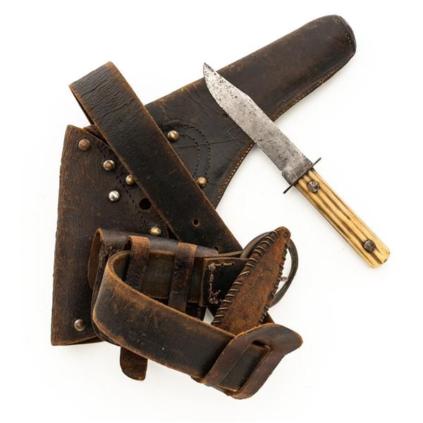 Civil War Era Unmarked Leather Belt, Brass Tacked Flap Holster, Percussion Cap Pouch, and Clip Point