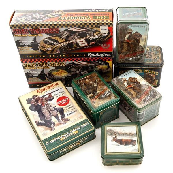 Lot of Seven (8) Collectible Remington Tins, some contain .22 LR Ammunition
