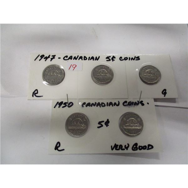 3 - 1947 & 2 - 1950 CANADA NICKELS