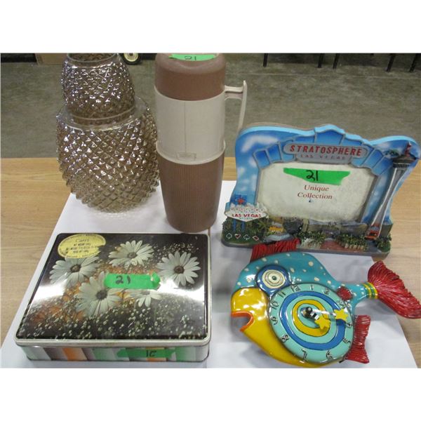 BOX C/W VASE, THERMOS, FISH CLOCK, PICTURE, ETC