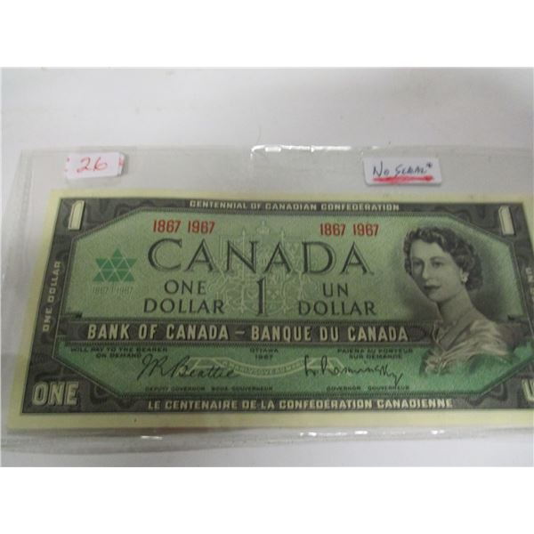 1867 - 1967 UNCIRCULATED NO SERIAL NUMBER CENTENNIAL $1 BILL