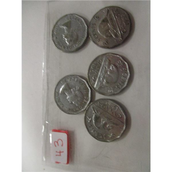 LOT OF 5 - 1953 - 12 SIDED SHOULDER STRAP CANADA NICKELS