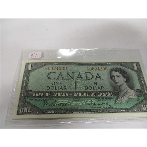 1954 CRISP UNCIRCULATED LEGAL TENDER LAST OF CANADA DOLLAR BILL