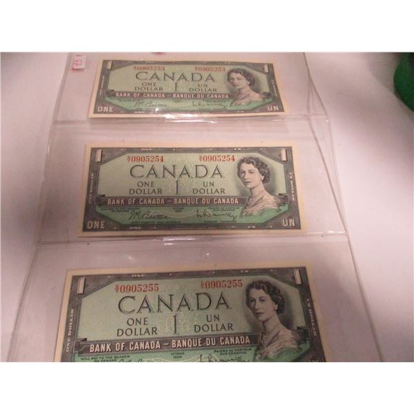 1954 LOST OF 3 SEQUENTIAL SERIAL NUMBER LEGAL TENDER $1 BILLS