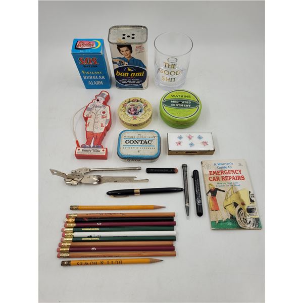VTG Smalls Lot w/ Tins, Battery Tester, Woman's Guide to Car Repairs, & More