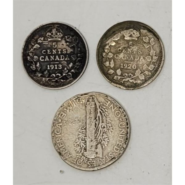 1929 USA Mercury Dime & 1913/1920 Canadian King George Nickels