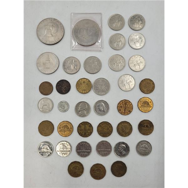 Assorted Coins w/ USA Dollar Coins, 3 Pence Coin, 1943 Victory Nickel, & More