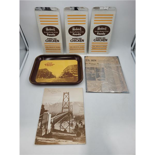 VTG Vancouver Memoriabilia w/ Hudson Bay Menu, NOS Woodwards Chicken Food Bags