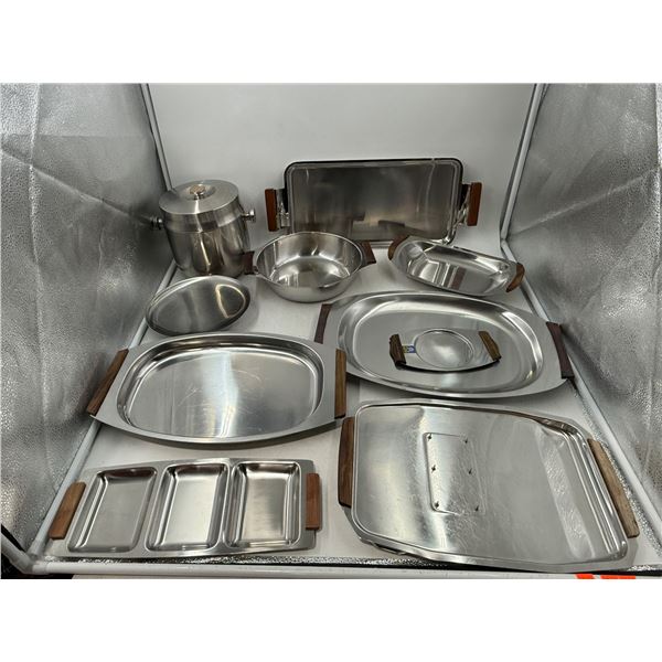 Lot of MCM Stainless Steel & Teak Platters & Ice Bucket