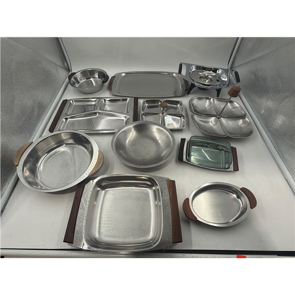 Lot of MCM Stainless Serving Ware w/ Teak Handles
