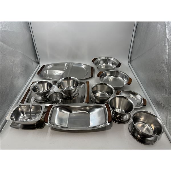 Lot of MCM Stainless Serving Ware w/ Teak Handles