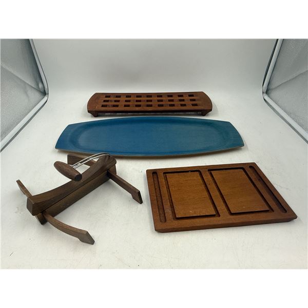 Danish Wood Lot w/ Blue Melamine Finish Serving Tray