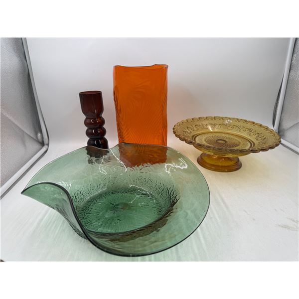 Lot of Assorted VTG Colored Glassware w/ Pedestal Serving Platter, Bowl, & More