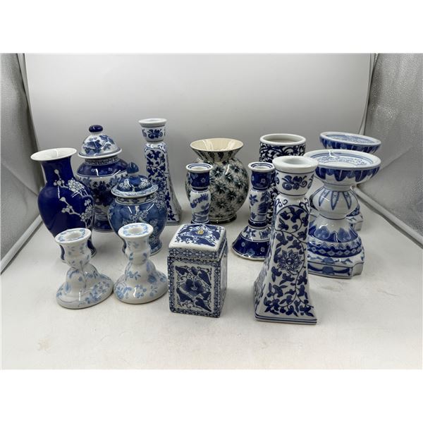 Lot of Assorted Blue & White Ceramic Pieces w/ Cases, Candleholders, & More