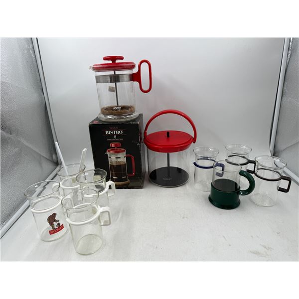 VTG Kitchen Lot w/ Bodum Tea Press, Hario Coffee/Tea Maker, & Glasses