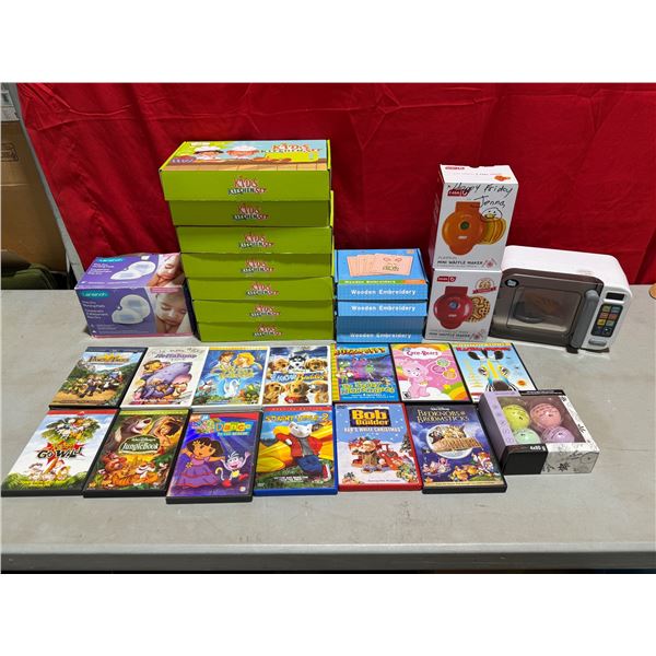 Variety Lot w/ DVDS, Kitchen Playset, Wooden Embroidery, Waffle Makers & More