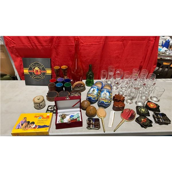 Variety Lot w/ Beer Cups, Coasters, Dutch Clogs, VTG Brush, Mirror & More