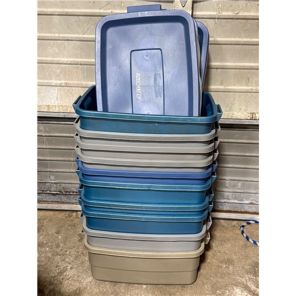10 Rubbermaid Storage Bins and 10 Lids