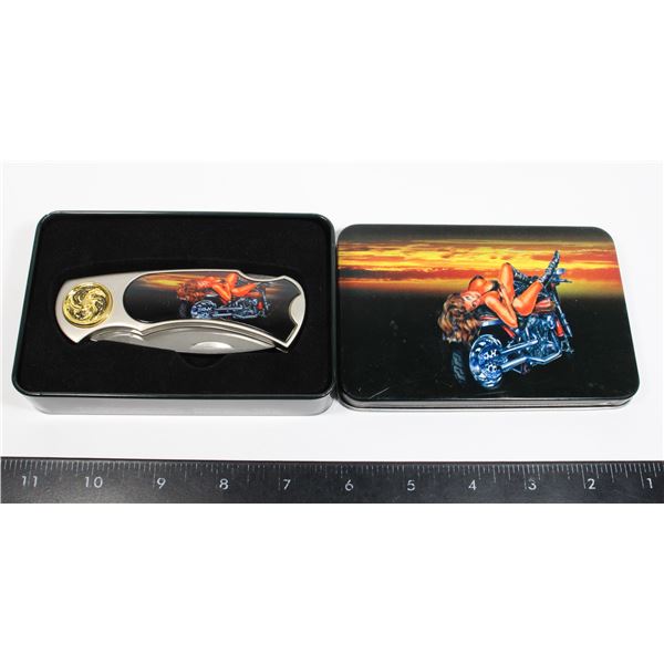 #767 Biker themed pocket knife in tin