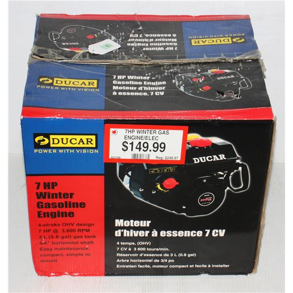 #869 DUCAR 7 HP Winter Gasoline Engine in Box***NO TRANSPORT TO OUR EDMONTON OFFICE AVAILABLE FOR