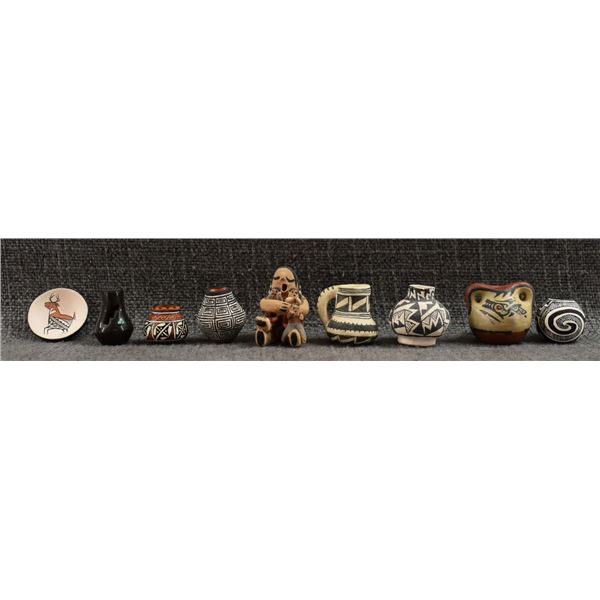 NINE MINIATURE PUEBLO POTTERY ITEMS