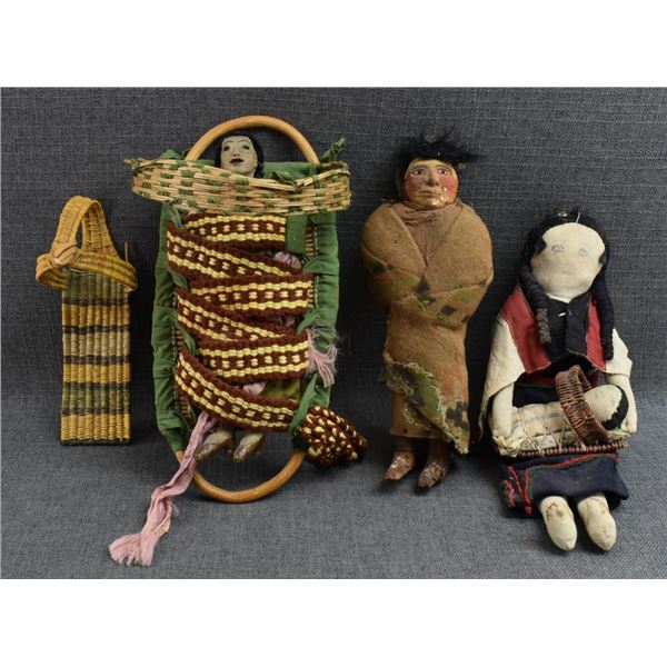 THREE TOY CRADLES, ONE SKOOKUM DOLL