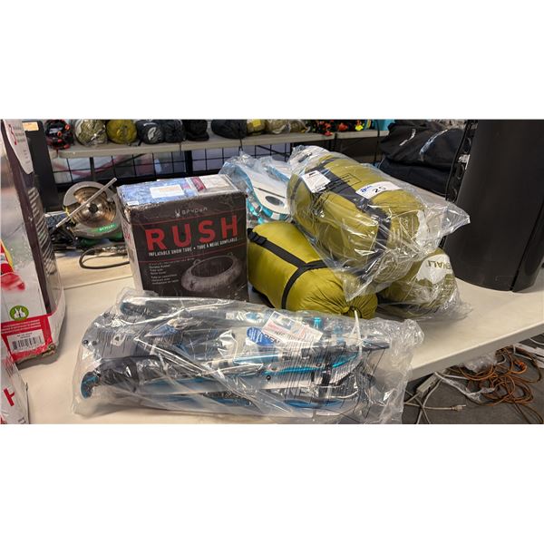 DENALI OUTDOOR ITEMS INCL 3 CHUGIAK SLEEPING BAGS 78 IN, SNOWSHOE AND SPYDER RUSH