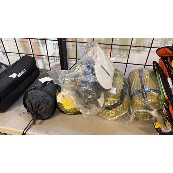 DENALI OUTDOOR ITEMS INCL 3 CHUGIAK SLEEPING BAGS 78 IN AND SNOWSHOE