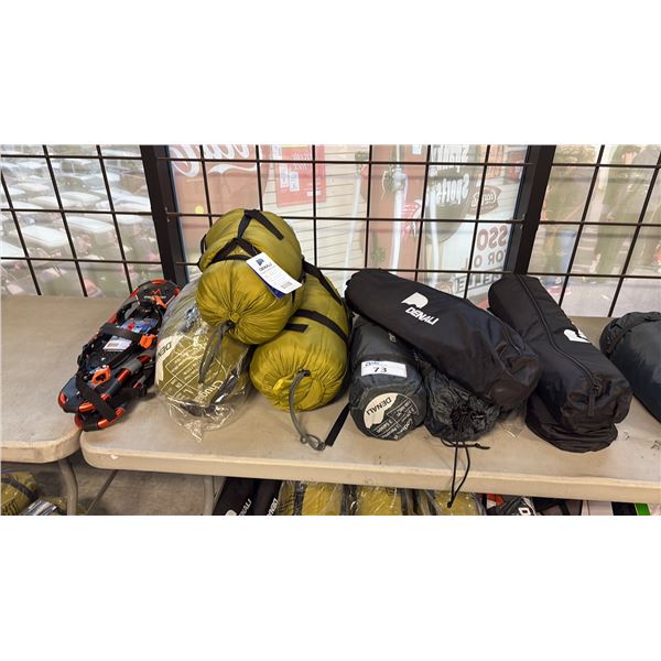 LOT OF DENALI OUTDOOR ITEMS INCL KODIAK II TENTS, CAMPING COTS, 3-78 IN SLEEPING BAGS, SNOWSHOE