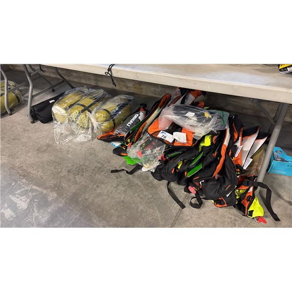 LARGE LOT OF MIXED ITEMS INCL HAVASU 24G MANUAL INFLATABLE PFD'S, DENALI CAMPING COTS,