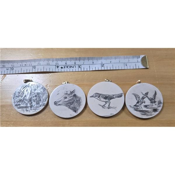 Four Antique Scrimshaw Pendants Signed Hon