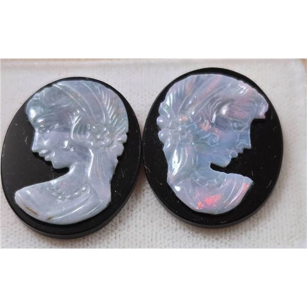 Antique Opal Carved Cameo Pair in Black Settings