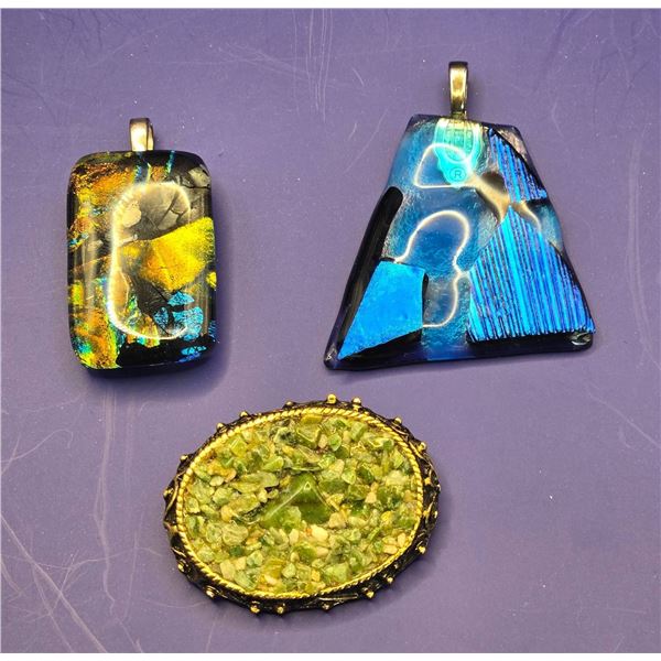 Two Dichroic Glass Pendants and Mosaic Brooch