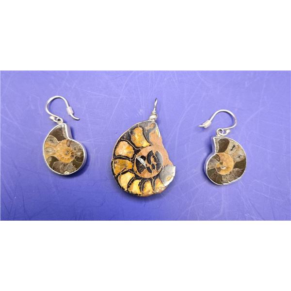 Ammonite Fossil Jewelry Set with Sterling Silver