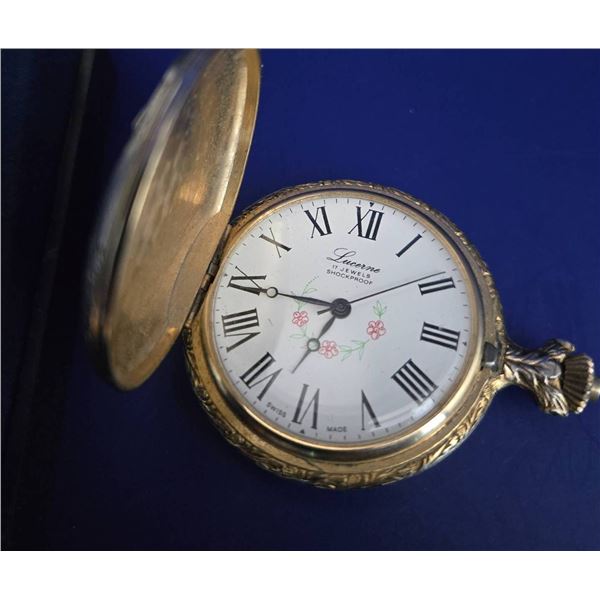 Swiss Gold-Tone Pocket Watch with Chain and Case
