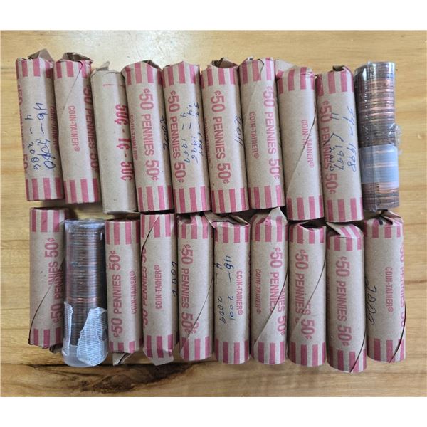 20 Rolls of Canadian Pennies, Mixed Years