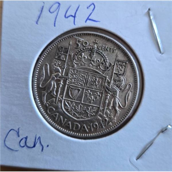 1942 Canadian Silver 50 Cent Coin With George VI