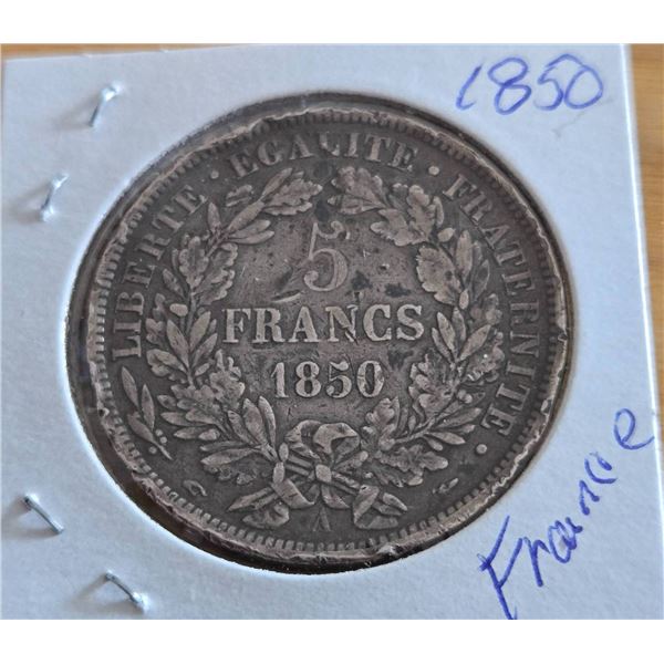 1850 French 5 Francs Silver Coin