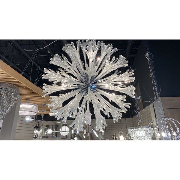 LOVE 18L GLASS PENDANT LIGHT. SILVER AND BLOWN GLASS. APPROX 37" DIAMETER. RETAIL $2299