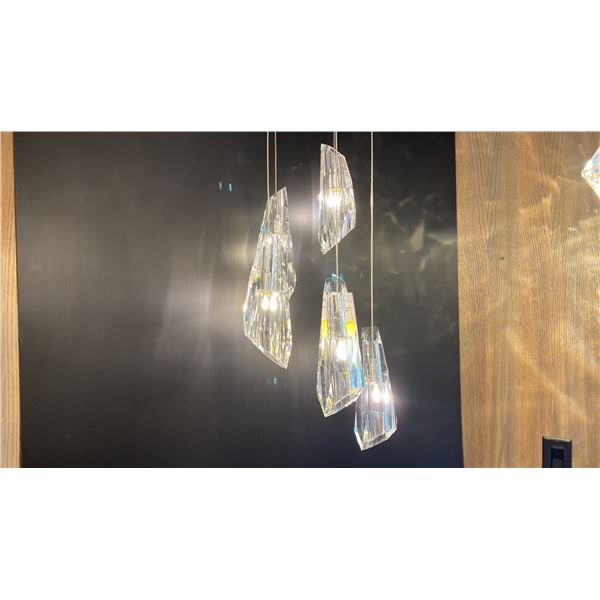 LUMA 5 LED PENDANT CHANDELIER STERLING. RETAIL $5089. APPROX 16"D X 90"H WITH ADJUSTABLE PENDANTS.