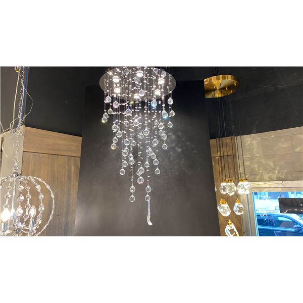 CRYSTAL FLUSH MOUNT CHROME FINISH. APPROX 24"D WITH CRYSTAL PENDANTS. APPROX 40" H.