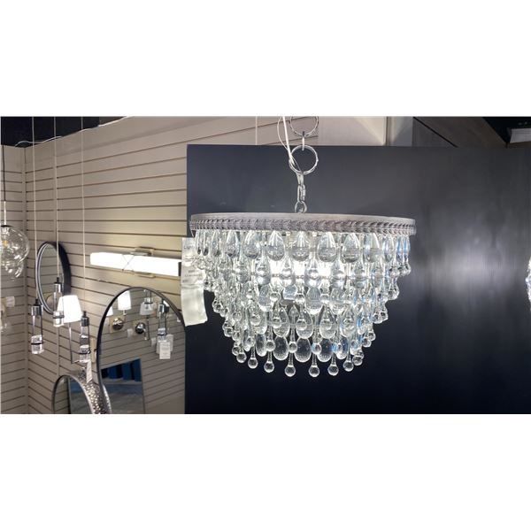 NORDIC 5 LIGHT PENDANT ANTIQUE SILVER AND CLEAR GLASS. APPROX 20"D RETAIL $900